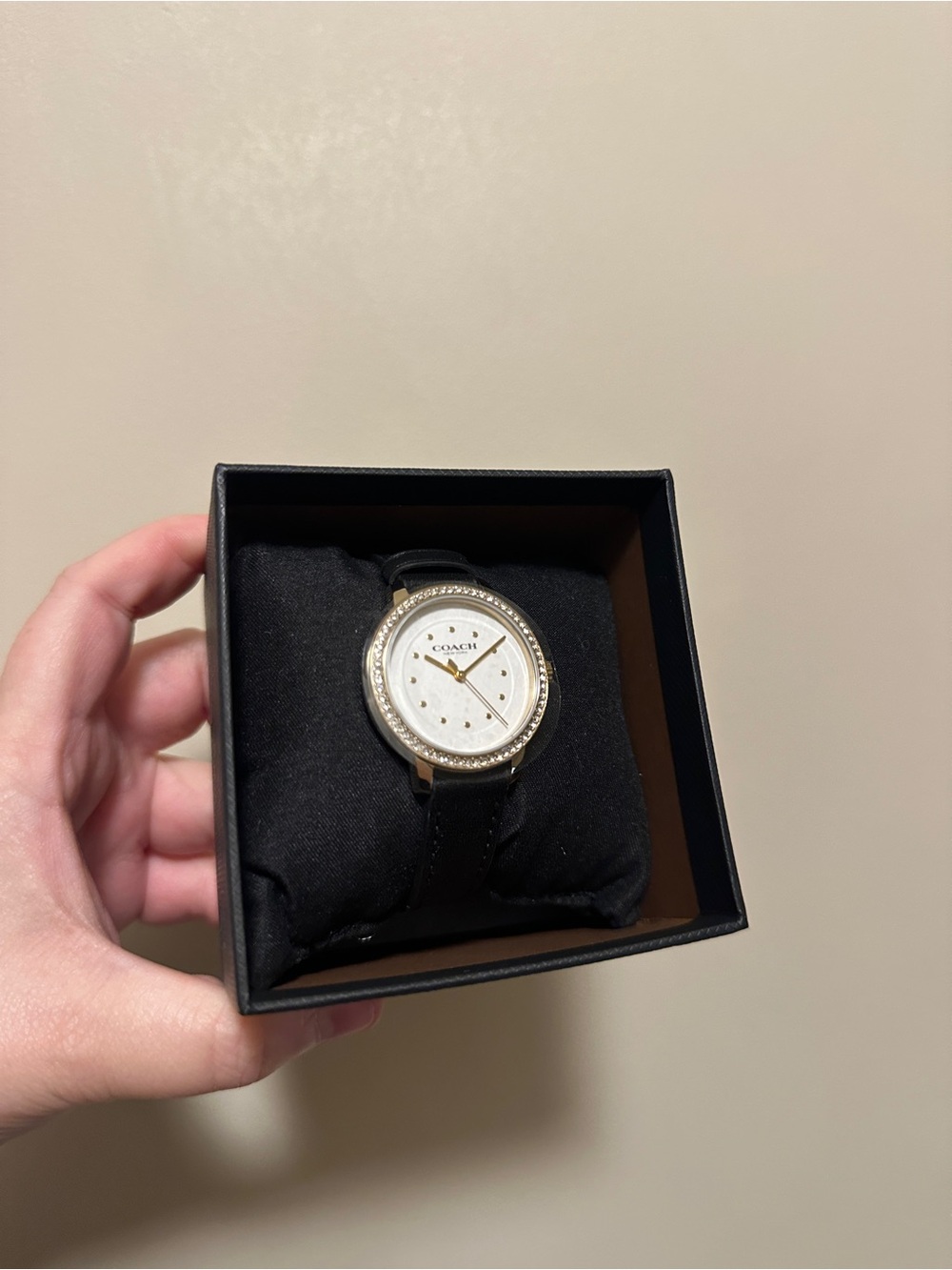 Coach women’s Black Leather Watch with Gold-Tone Case